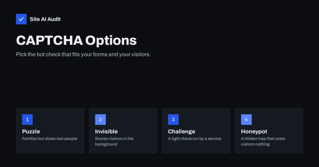 CAPTCHA Options Compared: reCAPTCHA, Turnstile, Honeypots
